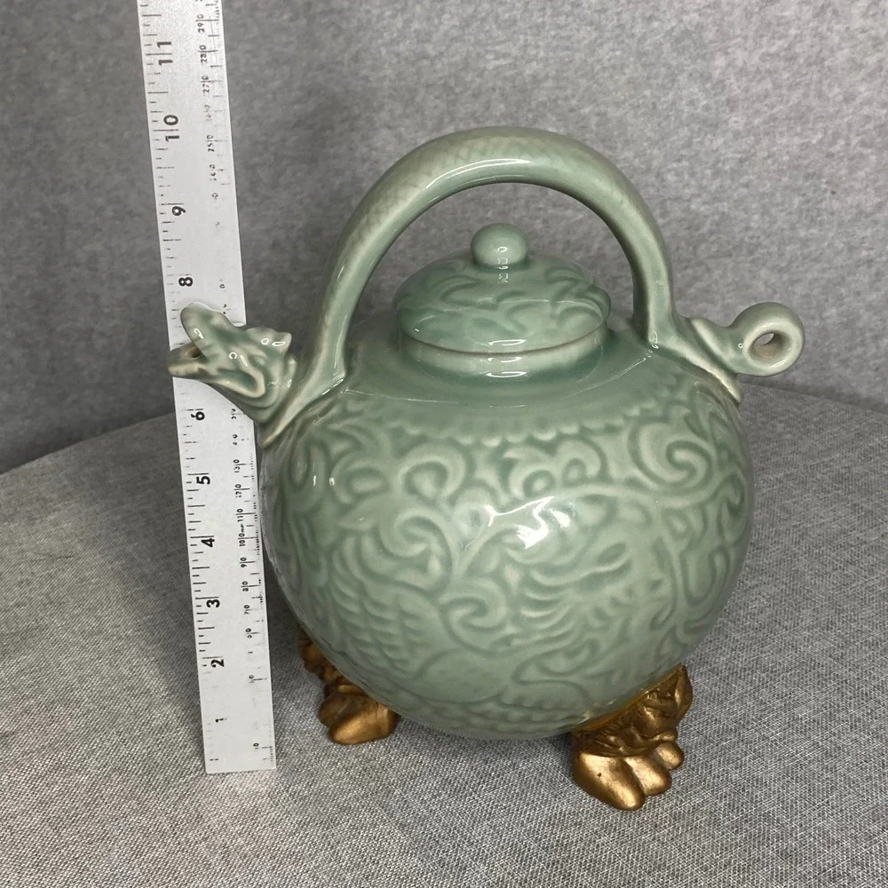 Celadon Footed Dragon‎ Teapot Asian Ceramic Kettle Green Gold Tea Pot Decor WCL